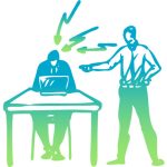 Man standing over a person at a desk yelling at them.
