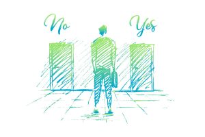 Man standing in front of two doors one is labeled yes and one is labeled no.