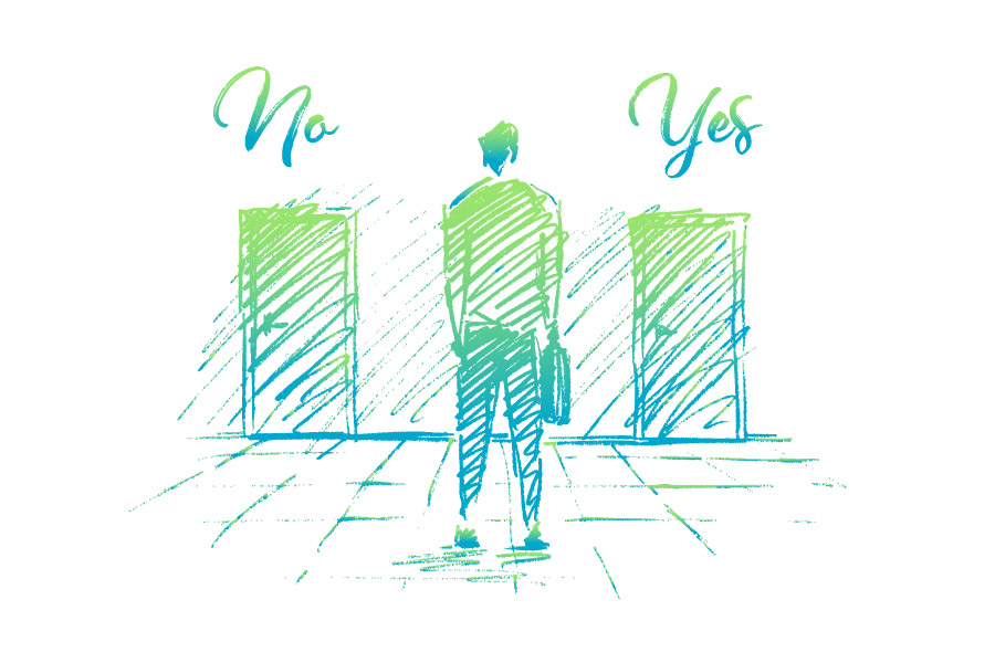 Man standing in front of two doors one is labeled yes and one is labeled no.