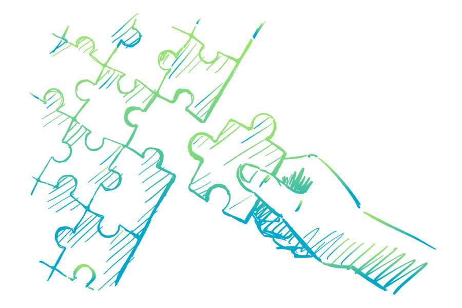 A hand placing a puzzle piece into a larger puzzle.